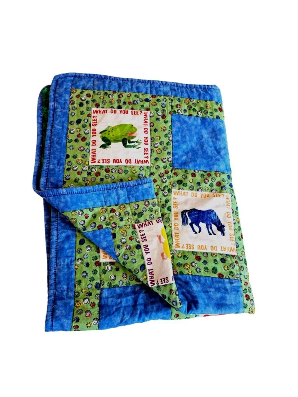 Vintage 90s Brown Bear What Do You See Baby Quilt Blue Green Cotton 39x32" Carle - Picture 12 of 12